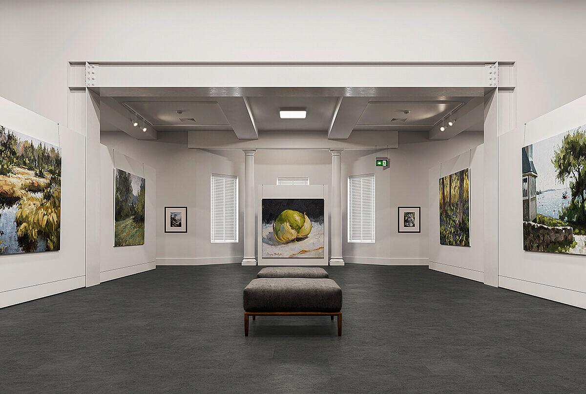 Helle Galerie mit Gemälden und Sitzbank, auf recyceltem Elastikboden in dunkler Steinoptik mit feiner Struktur.