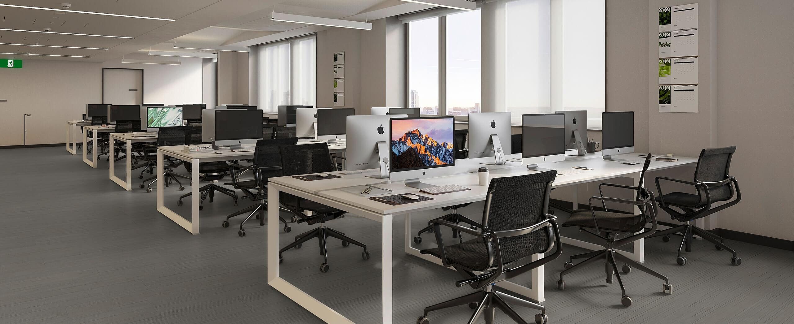 Modernes Großraumbüro mit recyceltem Elastikboden in dunkelgrauer, linearer Struktur.